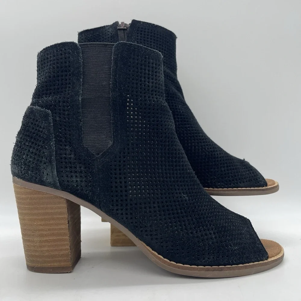 Toms Womens 9 Booties Majorca Peep Toe Perforated Black Suede‎ Ankle Boots